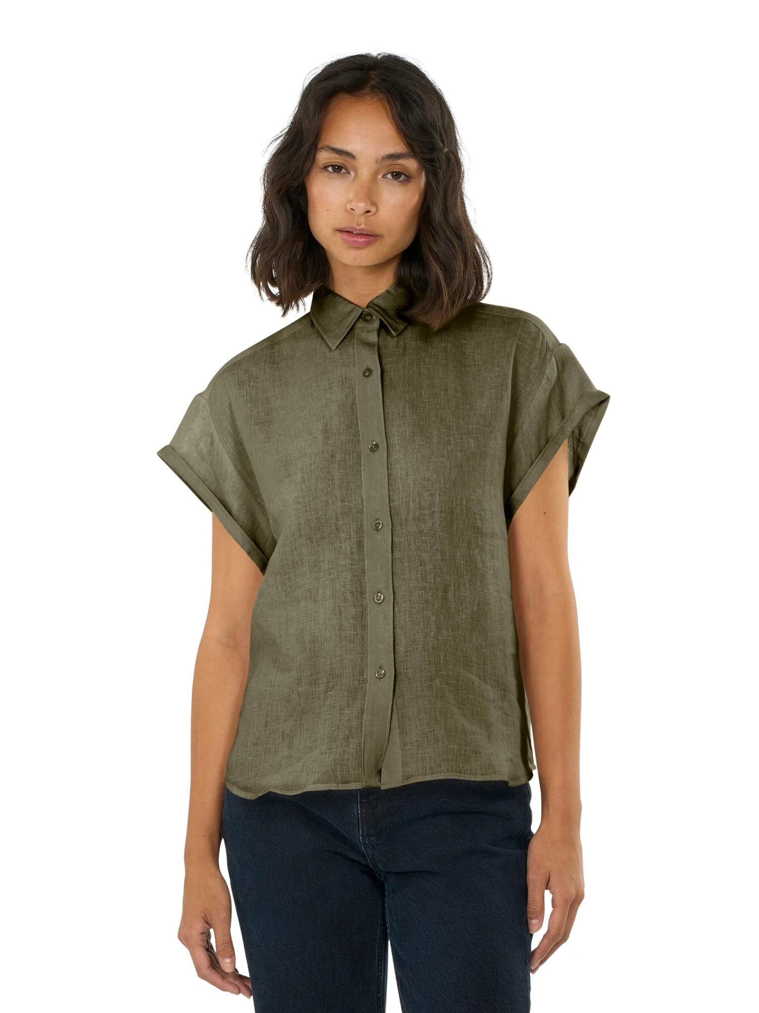 ASTER Fold Up Short Sleeve Linen Shirt - Burned Olive 4 ASTER Fold Up Short Sleeve Linen Shirt - Burned Olive - Image 2