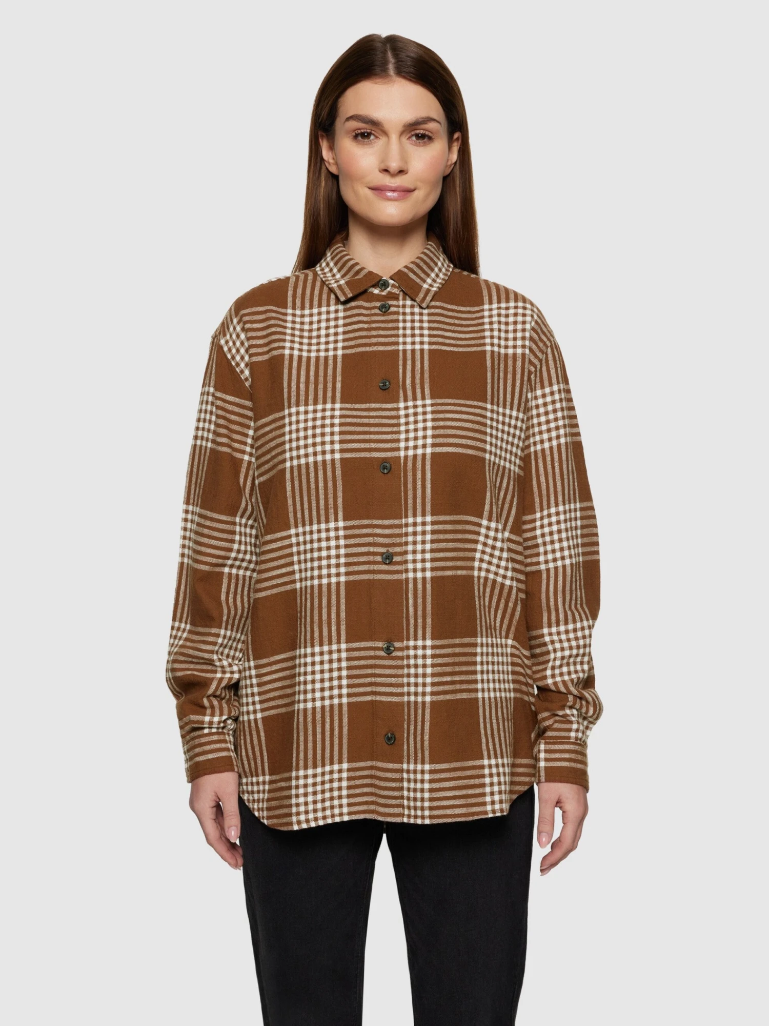 Loose Check Flannel Shirt - GOTS/Vegan - Brown Check 4 Loose Check Flannel Shirt - GOTS/Vegan - Brown Check - Image 2