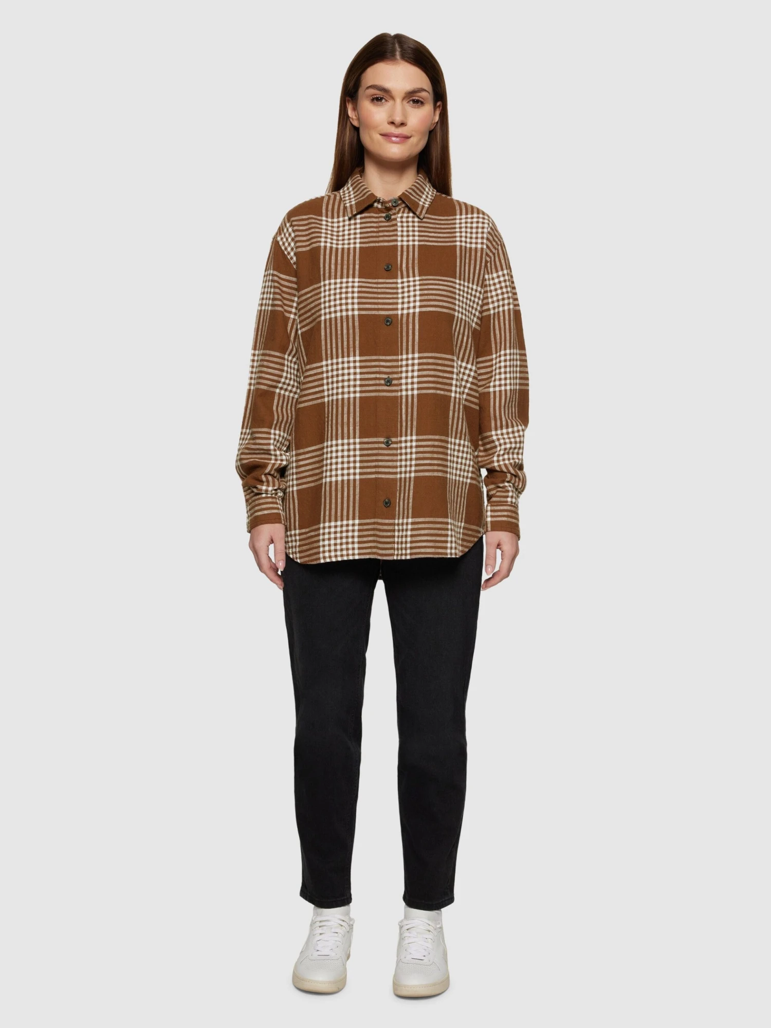 Loose Check Flannel Shirt - GOTS/Vegan - Brown Check 6 Loose Check Flannel Shirt - GOTS/Vegan - Brown Check - Image 4