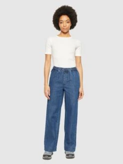 POSEY Wide Mid-rise Elastic Waistband Denim Pant - GOTS/Vegan - Dark Blue Denim -Knowledge Cotton Apparel Store POSEY wide mid rise elastic waistband denim pant GOTS Vegan Pants 2070053 3059 Dark Blue denim 3