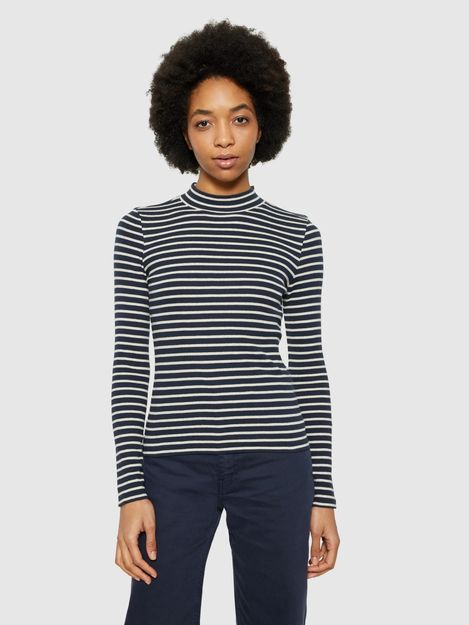 Striped Rib High Neck Long Sleeved - Stripe - Navy 4 Striped Rib High Neck Long Sleeved - Stripe - Navy - Image 2