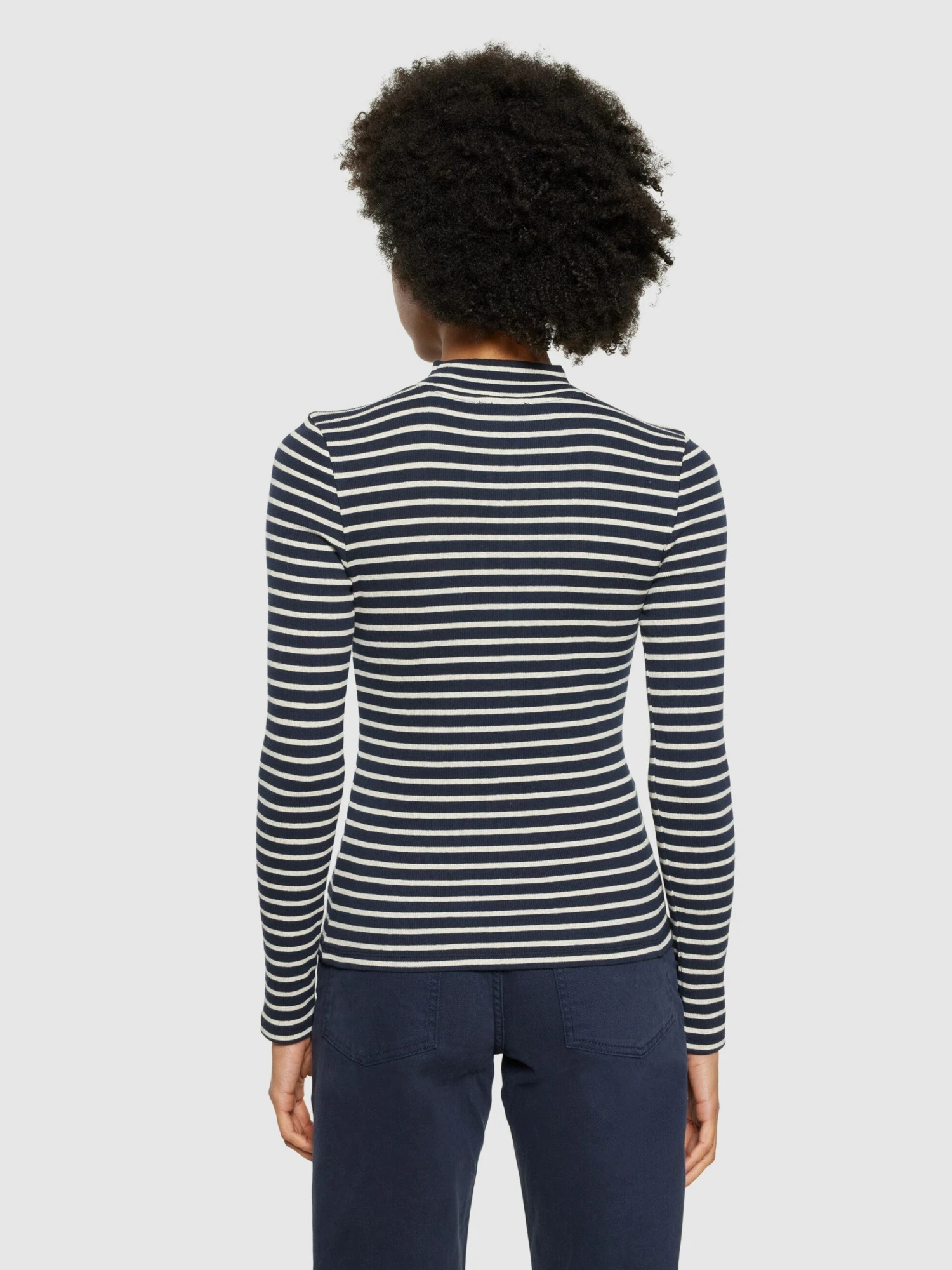 Striped Rib High Neck Long Sleeved - Stripe - Navy 5 Striped Rib High Neck Long Sleeved - Stripe - Navy - Image 3