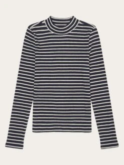 Striped Rib High Neck Long Sleeved - Stripe - Navy