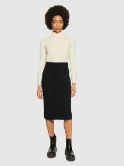 Wool Midth Lengt Rib Knit Skirt - Black Jet -Knowledge Cotton Apparel Store Wool midth lengt rib knit skirt Skirts 2040013 1300 Black Jet 12