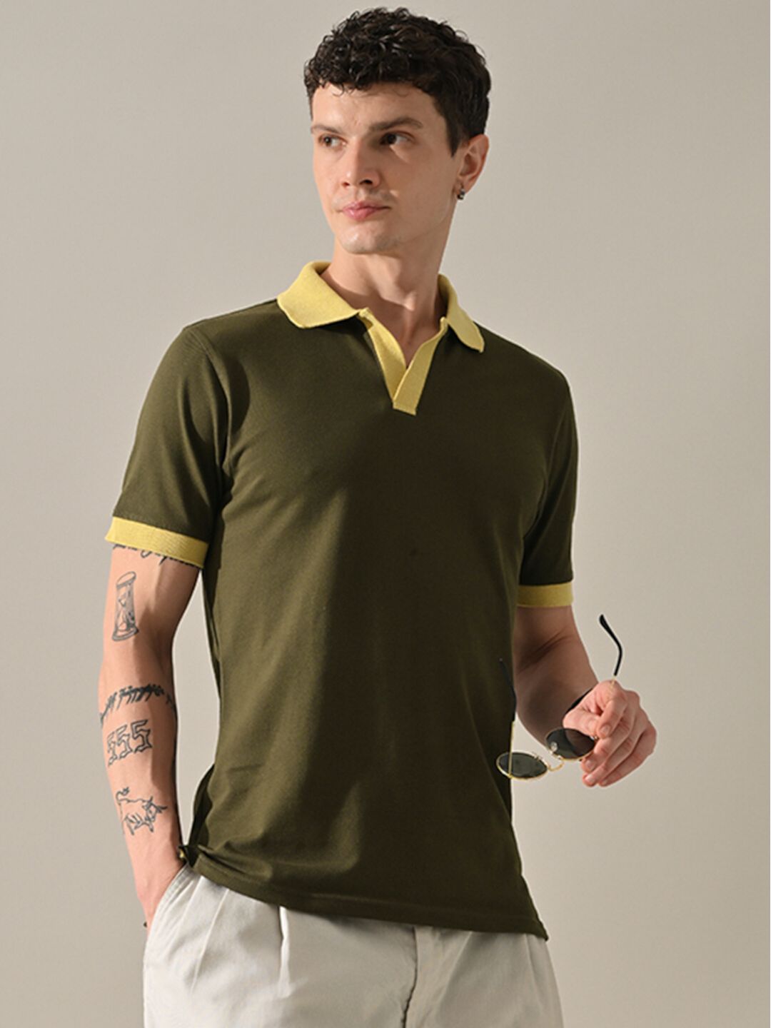 Knowledge Cotton Apparel Store -Knowledge Cotton Apparel Store men contrast johnny collar polo t shirt